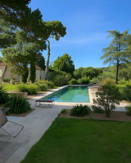 Piscine extérieure rectangulaire entourée d'un jardin paysager avec transats et bâtisse en pierre de l'Hôtel Spa dans l'Aude