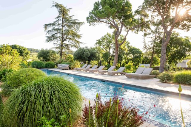 Piscine extérieure entourée de verdure et pins dans le jardin de la Villa Roubia