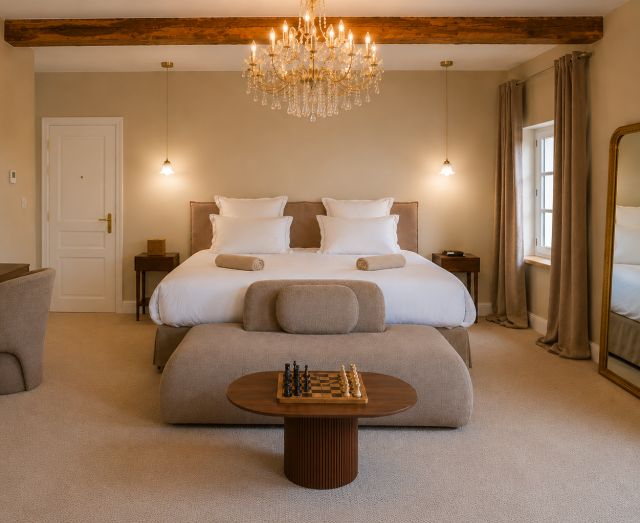 Suite Elégance à Villa Roubia, suite de charme avec poutre apparente et lustre en cristal. 
